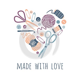 Made with love. Hobby tools in heart shape. Handmade Kit Icons Set